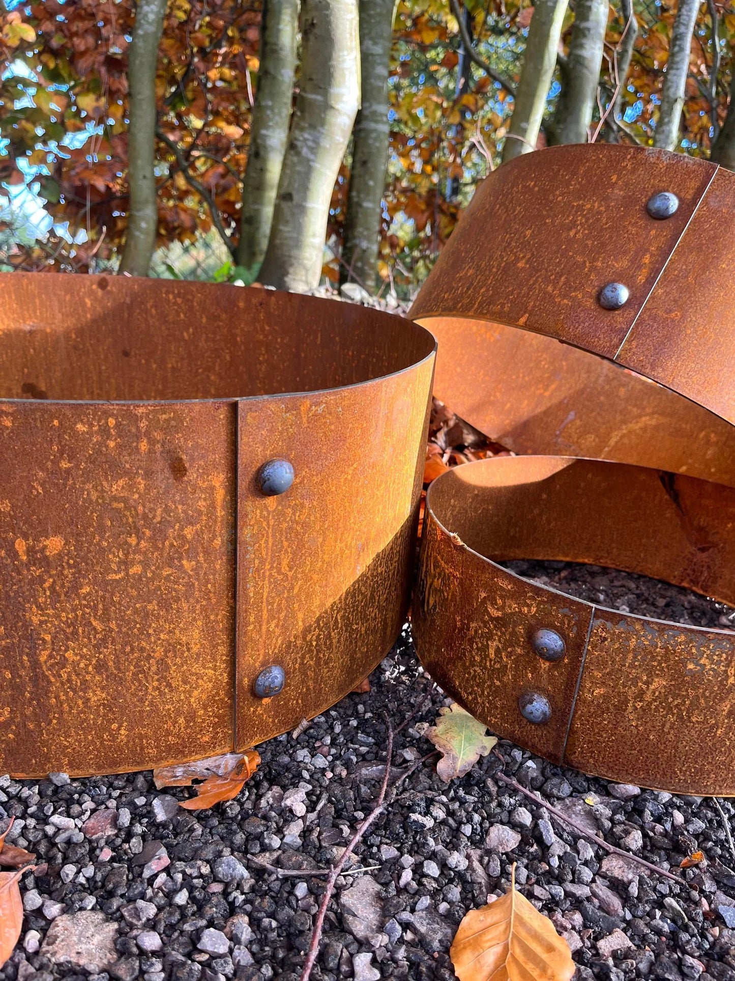 Set Of Three Riveted Corten Steel Ring Planters