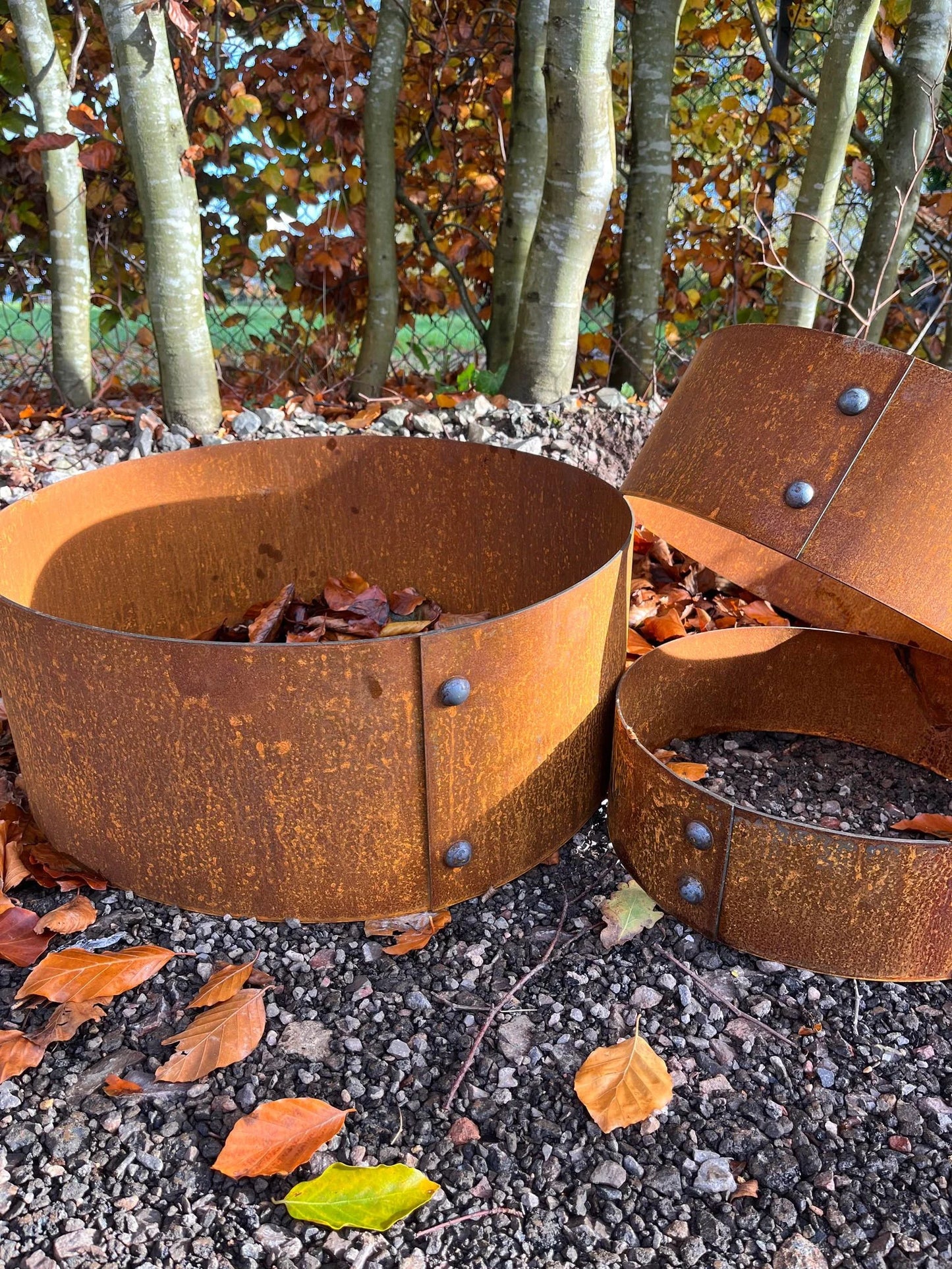 Set Of Three Riveted Corten Steel Ring Planters