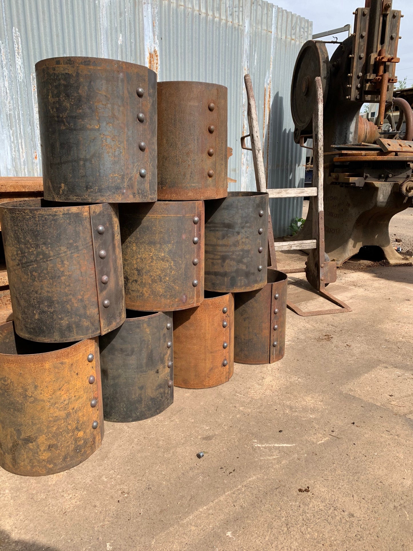 Reclaimed railway Corten steel plant pot with solid steel rivets