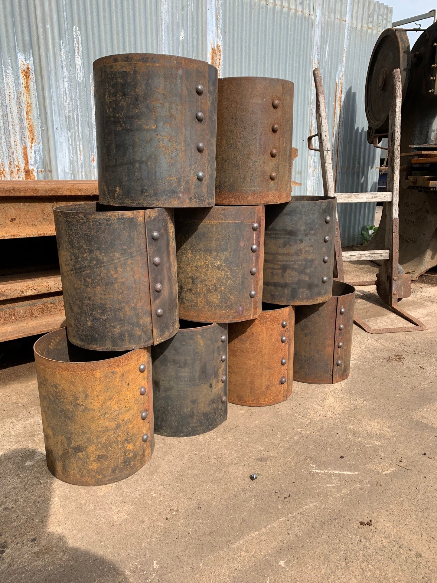 Reclaimed railway Corten steel plant pot with solid steel rivets