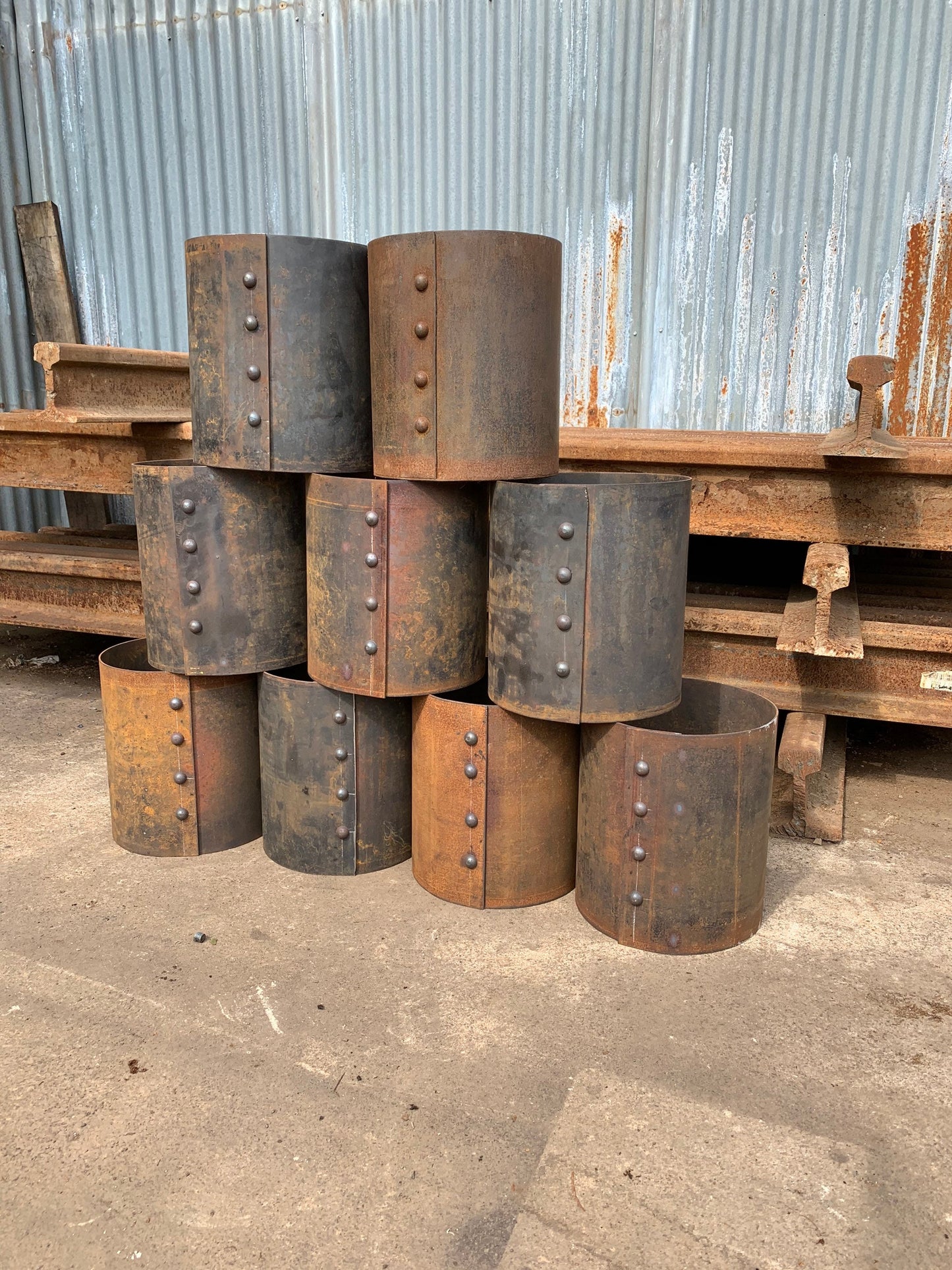 Reclaimed railway Corten steel plant pot with solid steel rivets