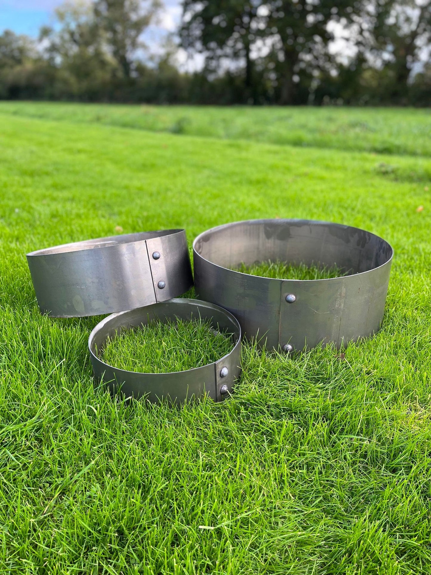 Set Of Three Riveted Corten Steel Ring Planters