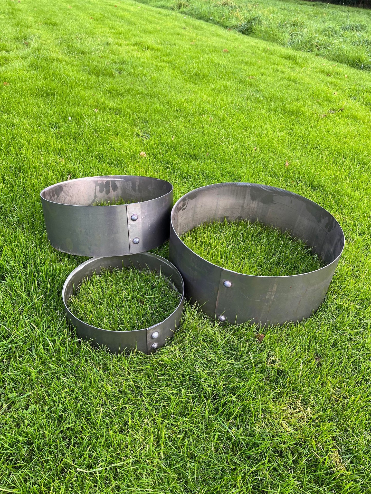 Set Of Three Riveted Corten Steel Ring Planters