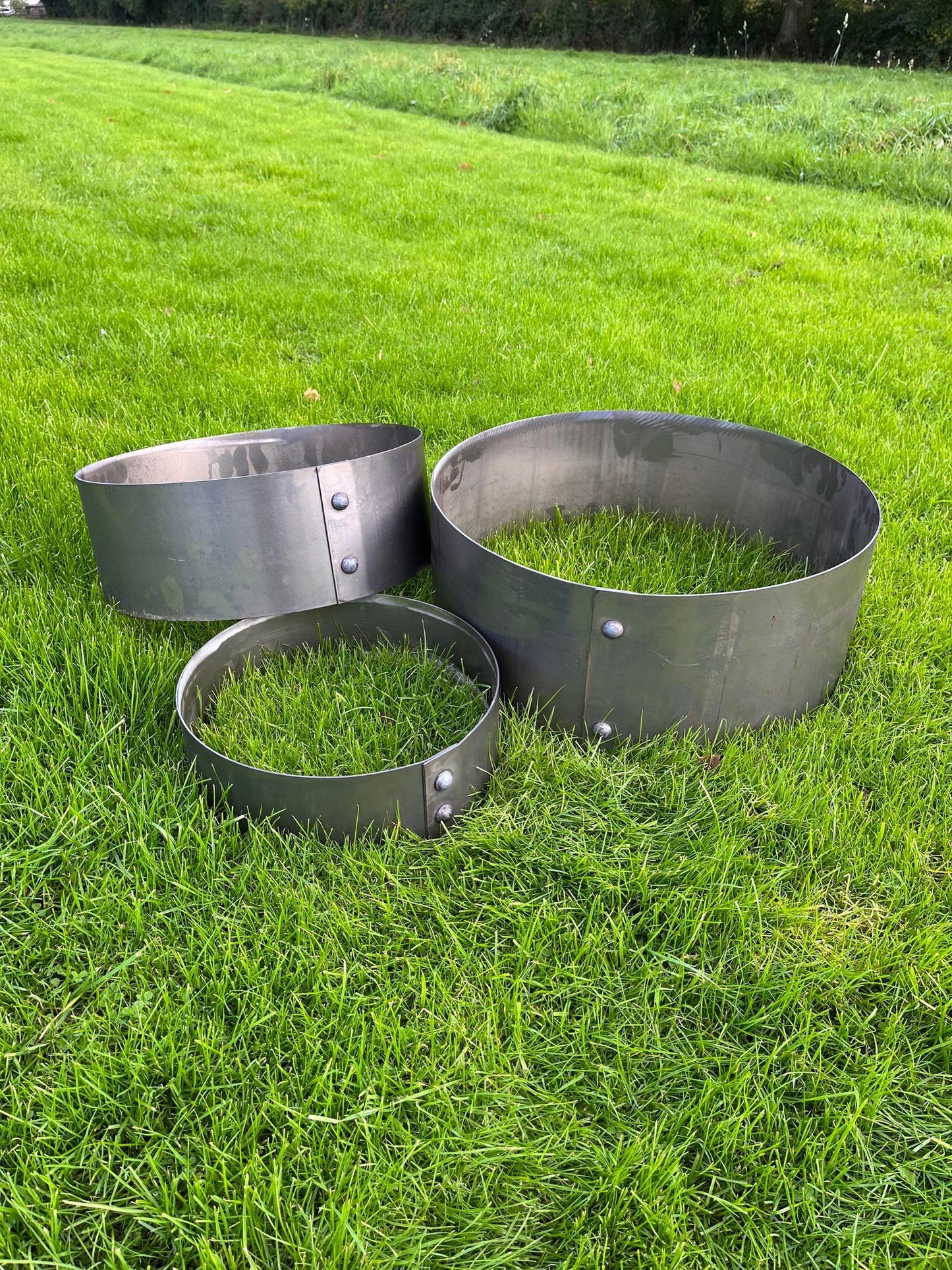 Set Of Three Riveted Corten Steel Ring Planters