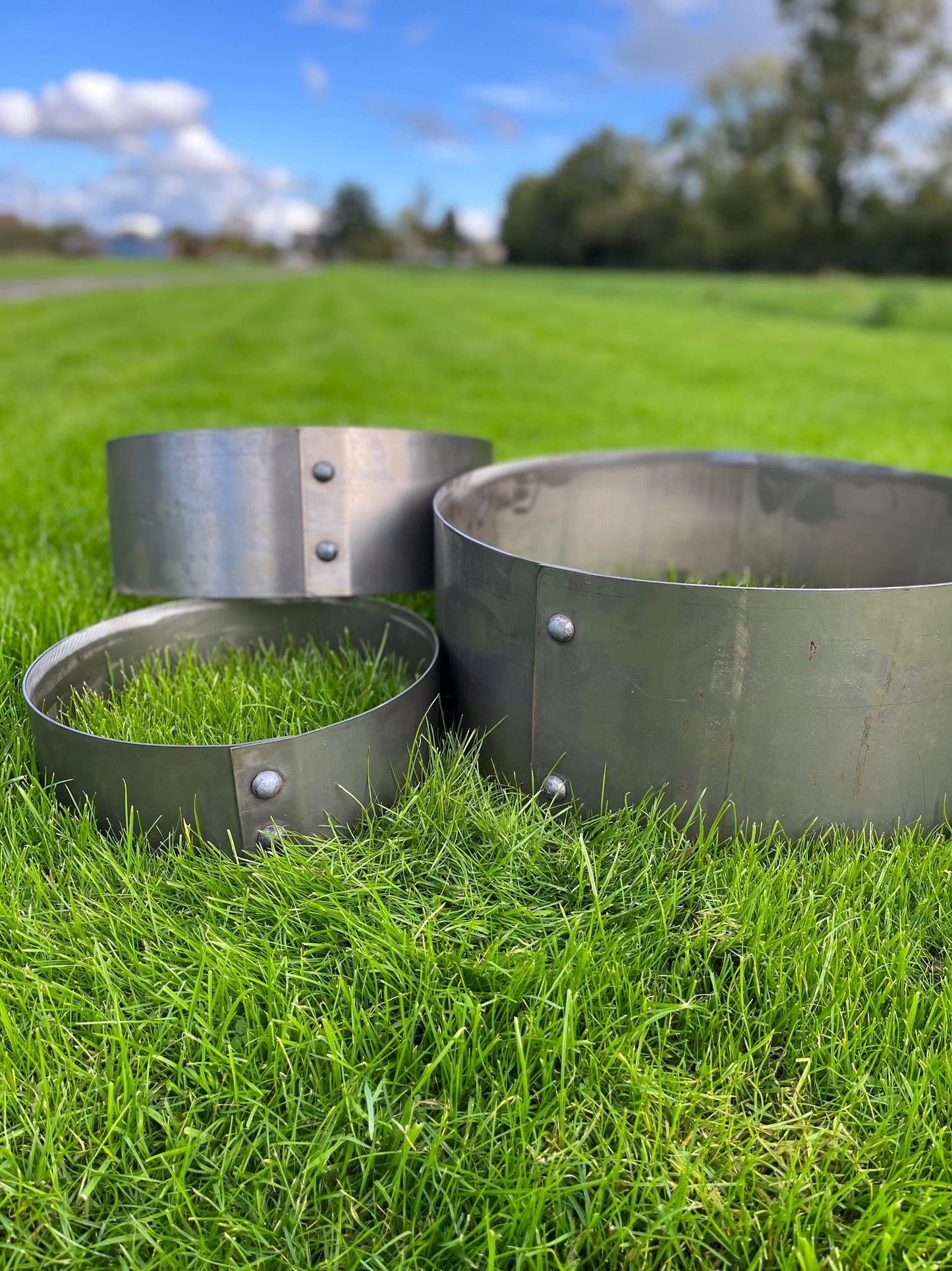 Set Of Three Riveted Corten Steel Ring Planters