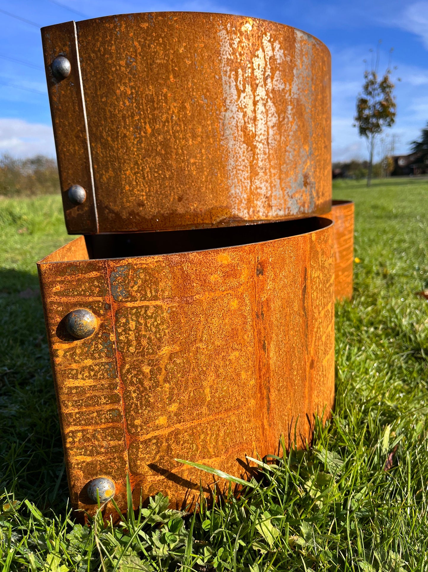 Corten steel D plant pots reclaimed rivets